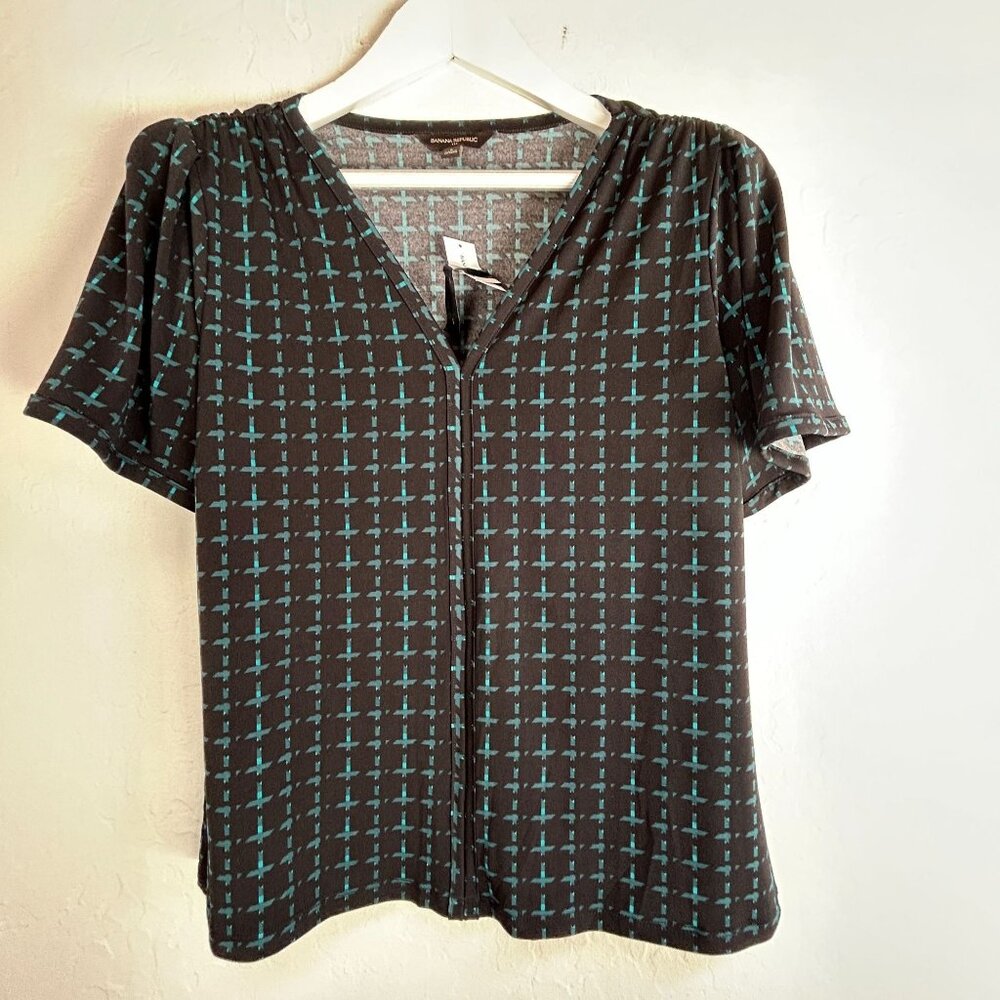 Banana Republic Womens Black Teal Cross-Print V-Neck Short Sleeve Top Small New